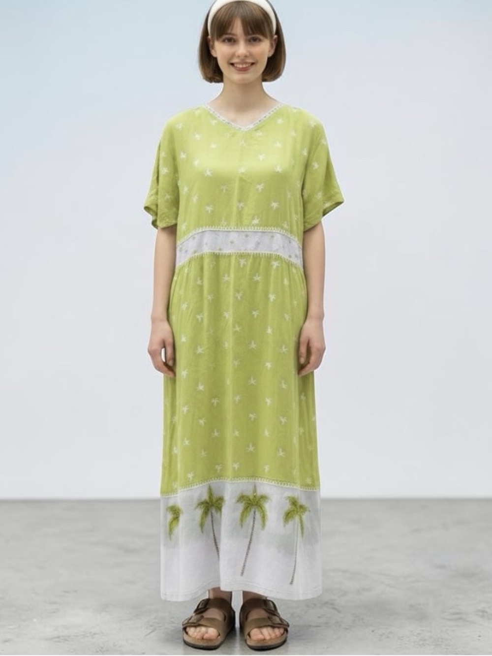 Tropical Palm Tree Trimmed Green Island Dress Medium
